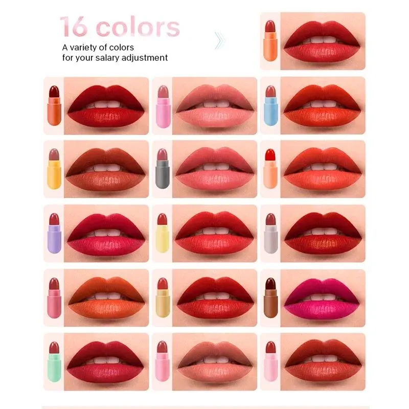 16pcs Cute Mini Capsule Lipsticks Matte Velvet Waterproof Non-stick Capsule Lipsticks