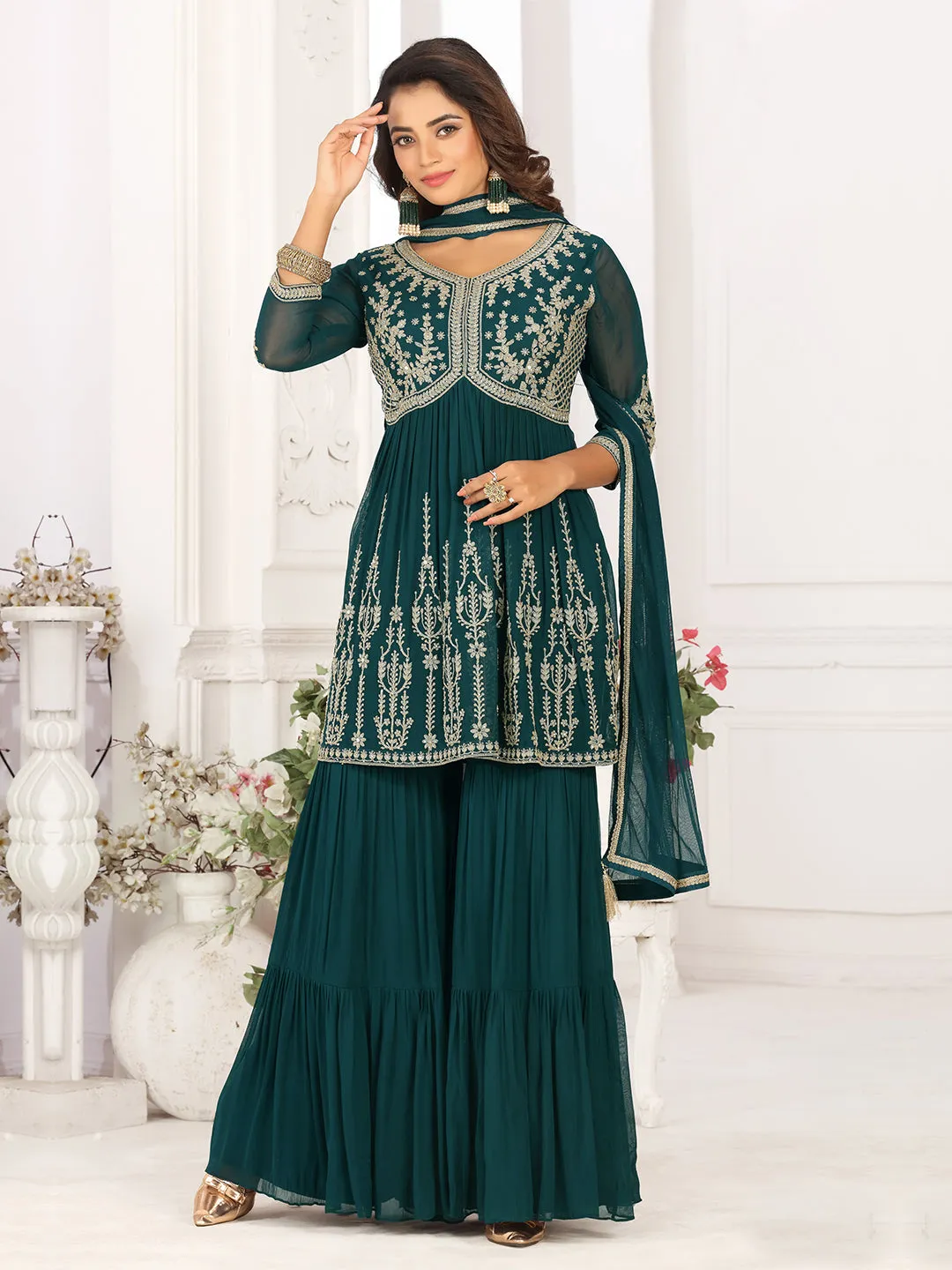 Deep Bluish Green Georgette Kurti Palazzo Set With Silver Motifs