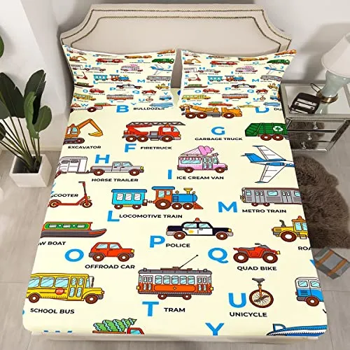 Feelyou Cartoon Car Print Bed Sheet Set Excavator Bedding Set Alphabet Pattern Fitted Sheet Police Car Flat Sheet for Kids Boys Girls Adults 4Pcs with 2 Pillow Case Full Size