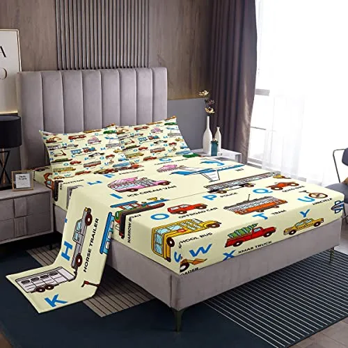 Feelyou Cartoon Car Print Bed Sheet Set Excavator Bedding Set Alphabet Pattern Fitted Sheet Police Car Flat Sheet for Kids Boys Girls Adults 4Pcs with 2 Pillow Case Full Size