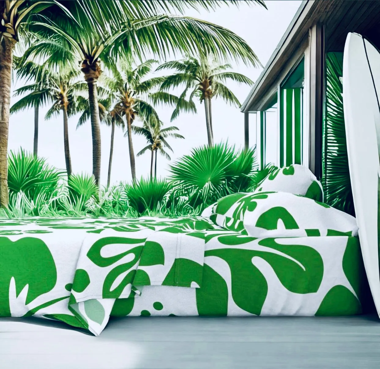 Fresh Green Hawaiian Flowers on White Sheet Set from Surfer Bedding™️ Large Scale