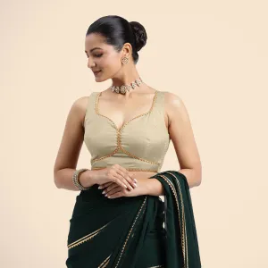 Ishika x Tyohaar | Cream Sleeveless FlexiFit™ Saree Blouse with Beetle Leaf Neckline with Golden Gota Lace and Back Cut-out with Tie-Up