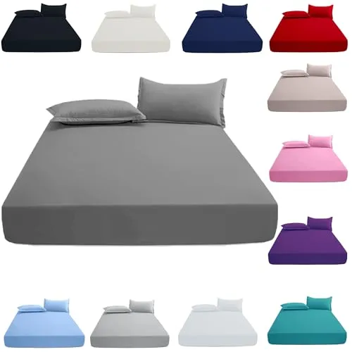 KHIM 100% Cotton 25CM/10inch Deep Fitted Sheet Single, Double, King & Super King Bed Sheets with Pillowcase Pair Available in 5 different colors