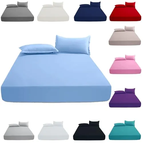 KHIM 100% Cotton 25CM/10inch Deep Fitted Sheet Single, Double, King & Super King Bed Sheets with Pillowcase Pair Available in 5 different colors