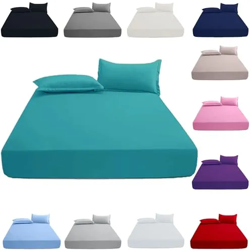 KHIM 100% Cotton 25CM/10inch Deep Fitted Sheet Single, Double, King & Super King Bed Sheets with Pillowcase Pair Available in 5 different colors