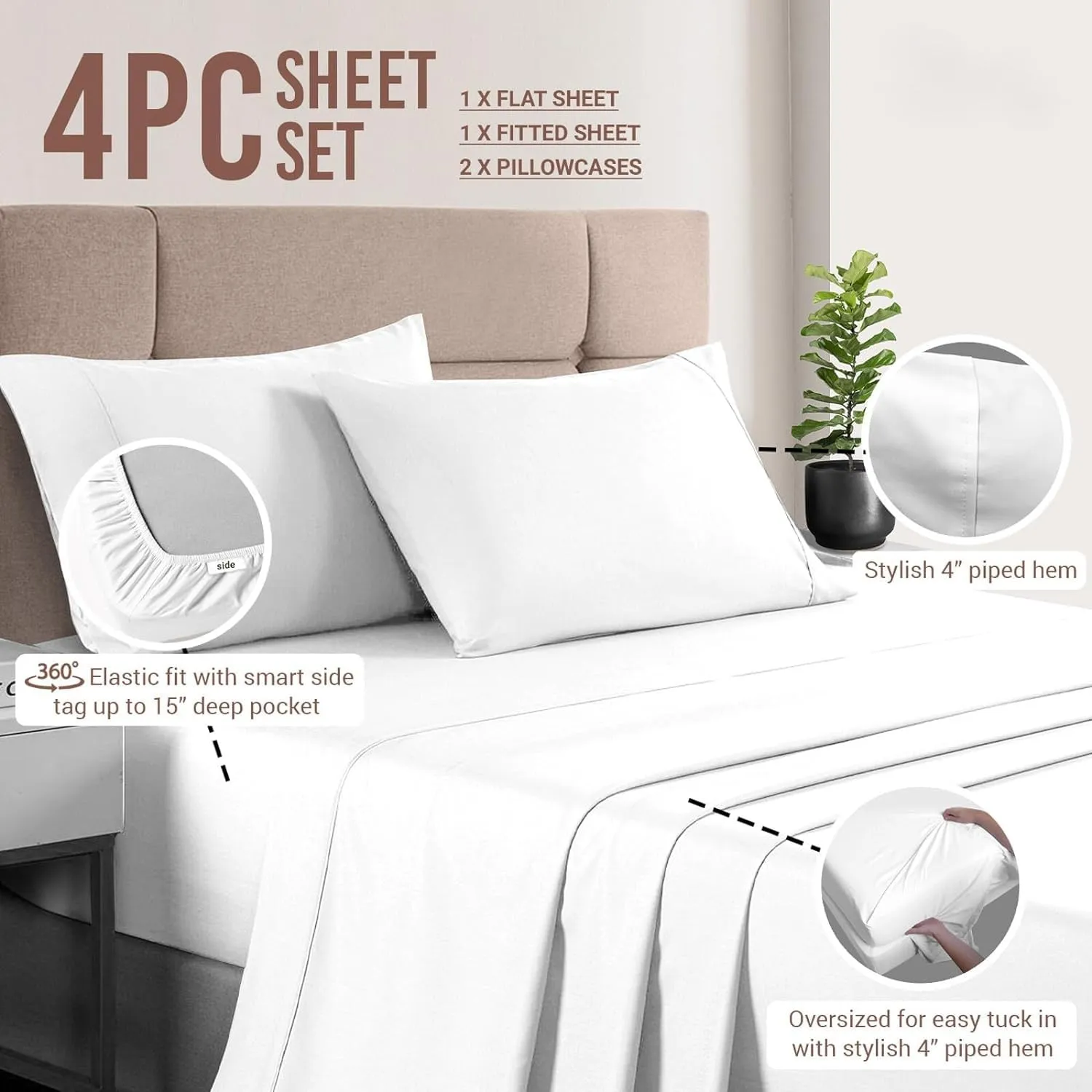 Lavish Touch Cotton Sheets Set, 400 Thread Count Long Staple Cooling Sheets, Combed Cotton Sateen Sheets, 15 Inch Deep Pocket