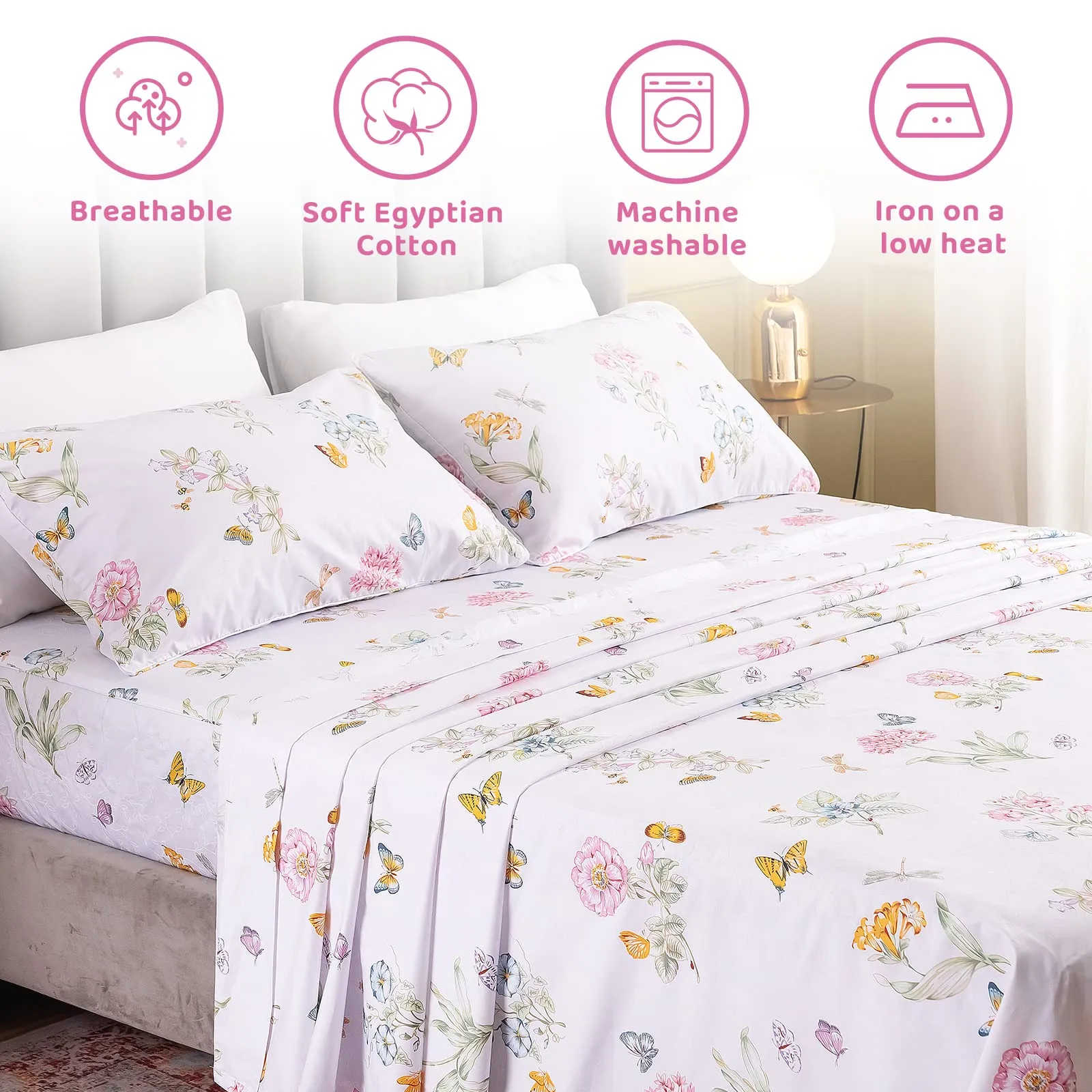 QSH Queen’s House Floral Butterfly Sheets Sets Egyptian Cotton Printed Deep Pocket Bed Sheet Set —King Size,Sheet I