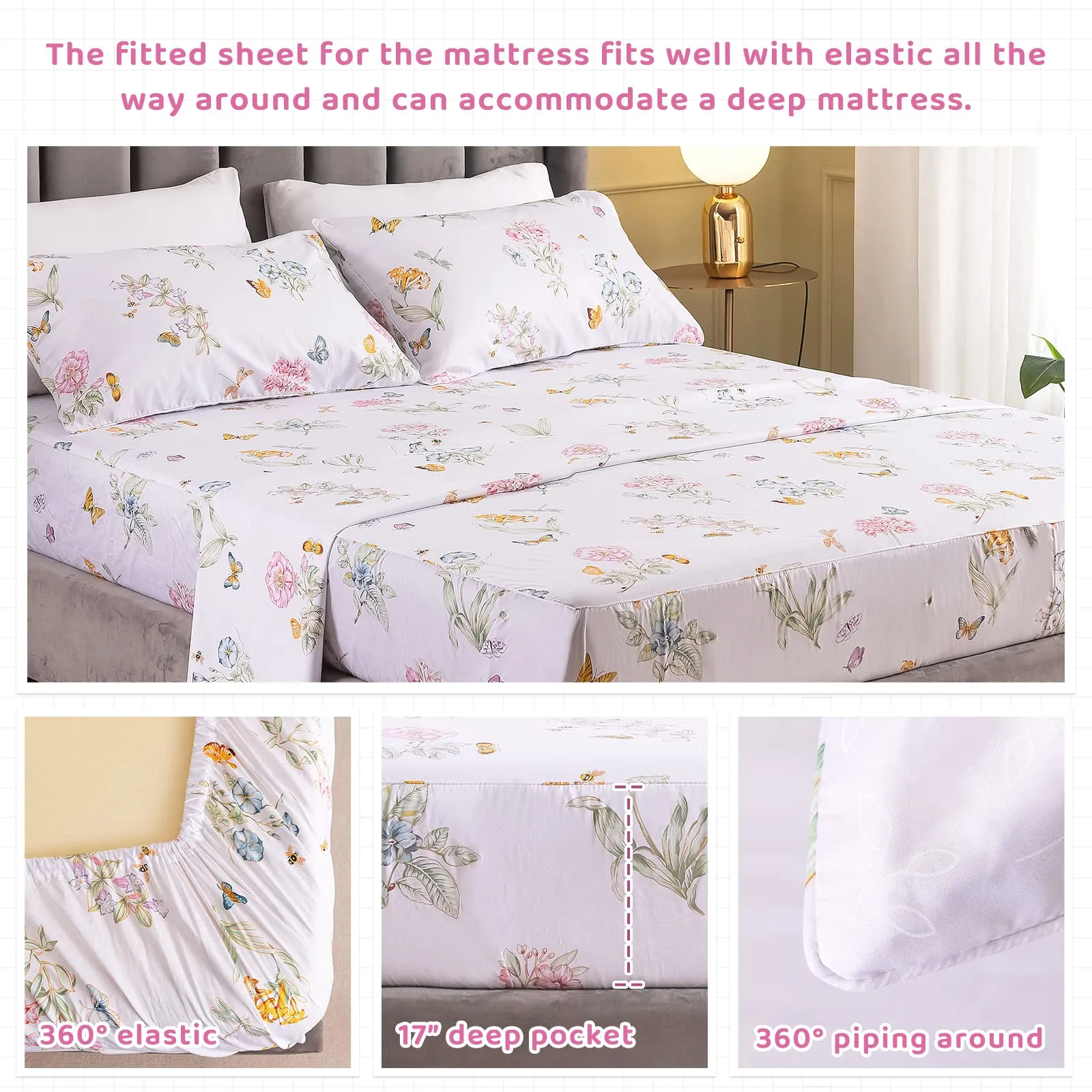 QSH Queen’s House Floral Butterfly Sheets Sets Egyptian Cotton Printed Deep Pocket Bed Sheet Set —King Size,Sheet I