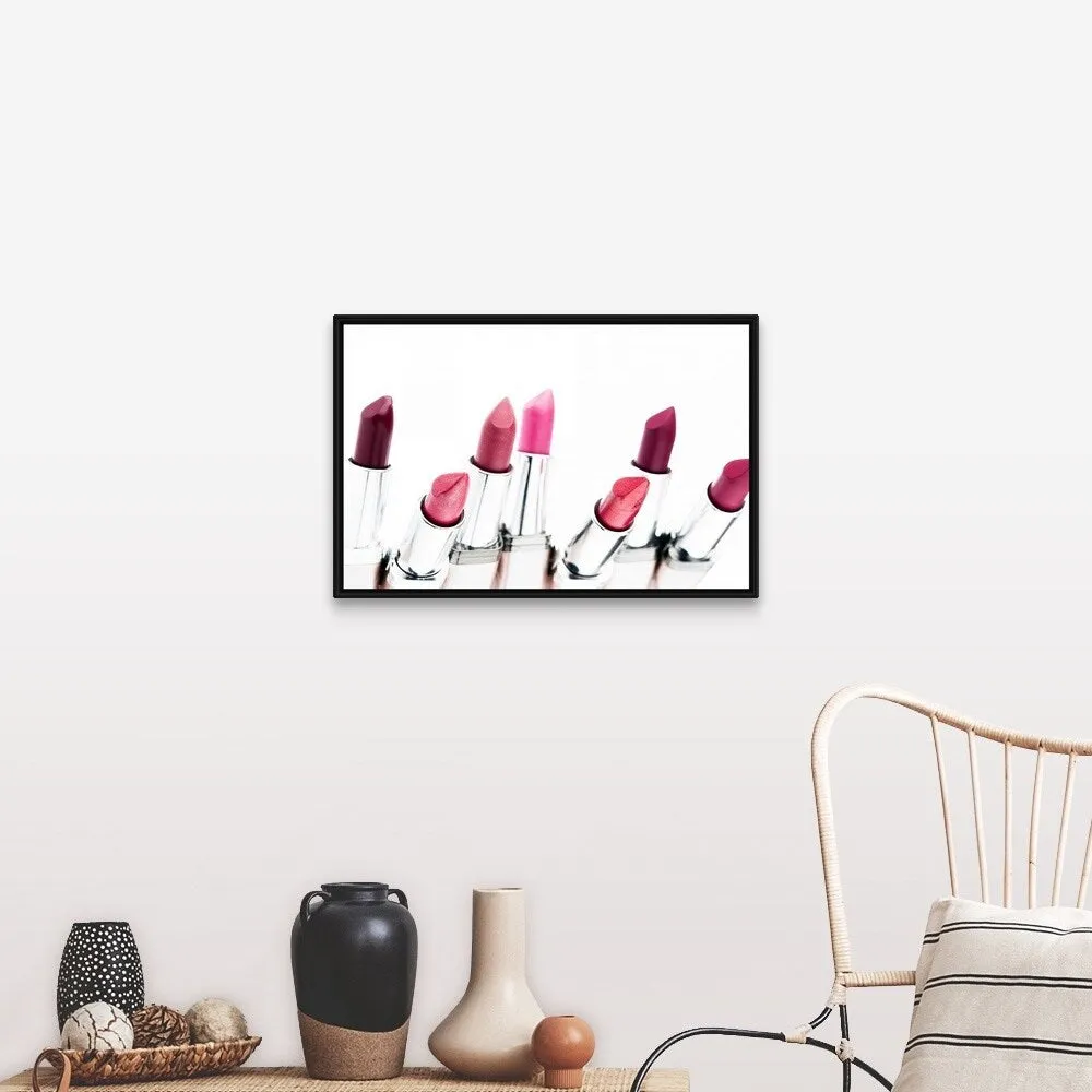 "Assortment of coloured lipsticks, close-up" Black Float Frame Canvas Art