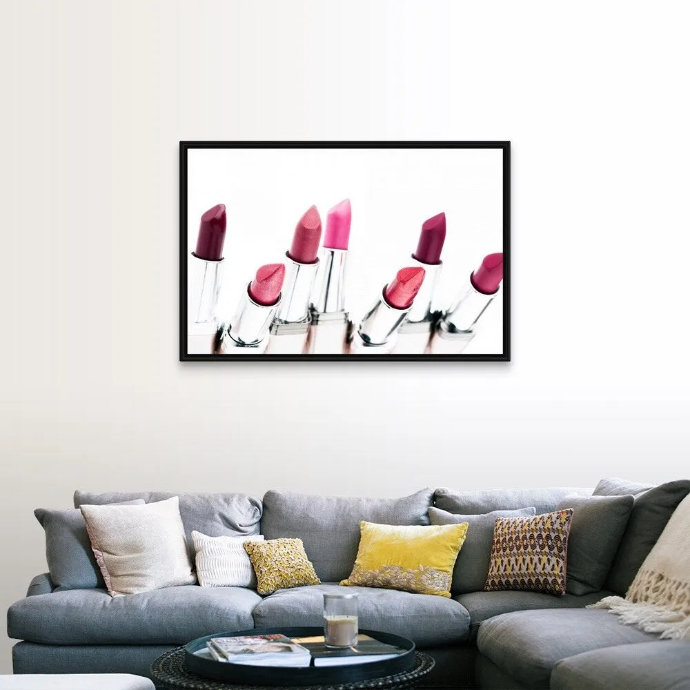 "Assortment of coloured lipsticks, close-up" Black Float Frame Canvas Art