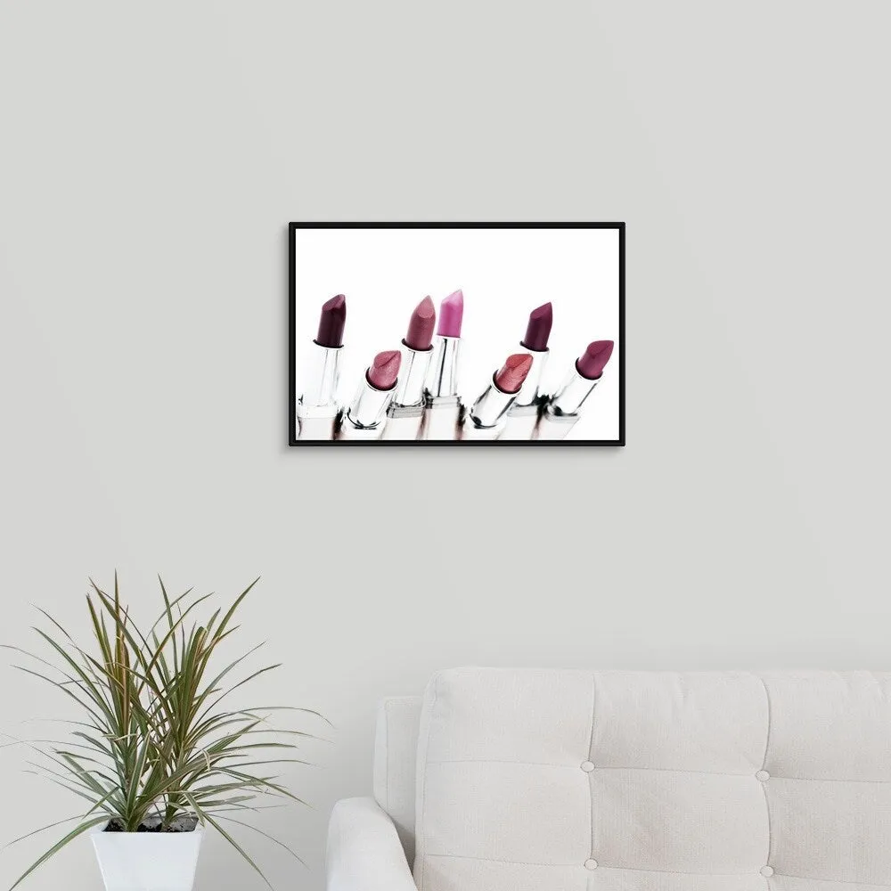 "Assortment of coloured lipsticks, close-up" Black Float Frame Canvas Art