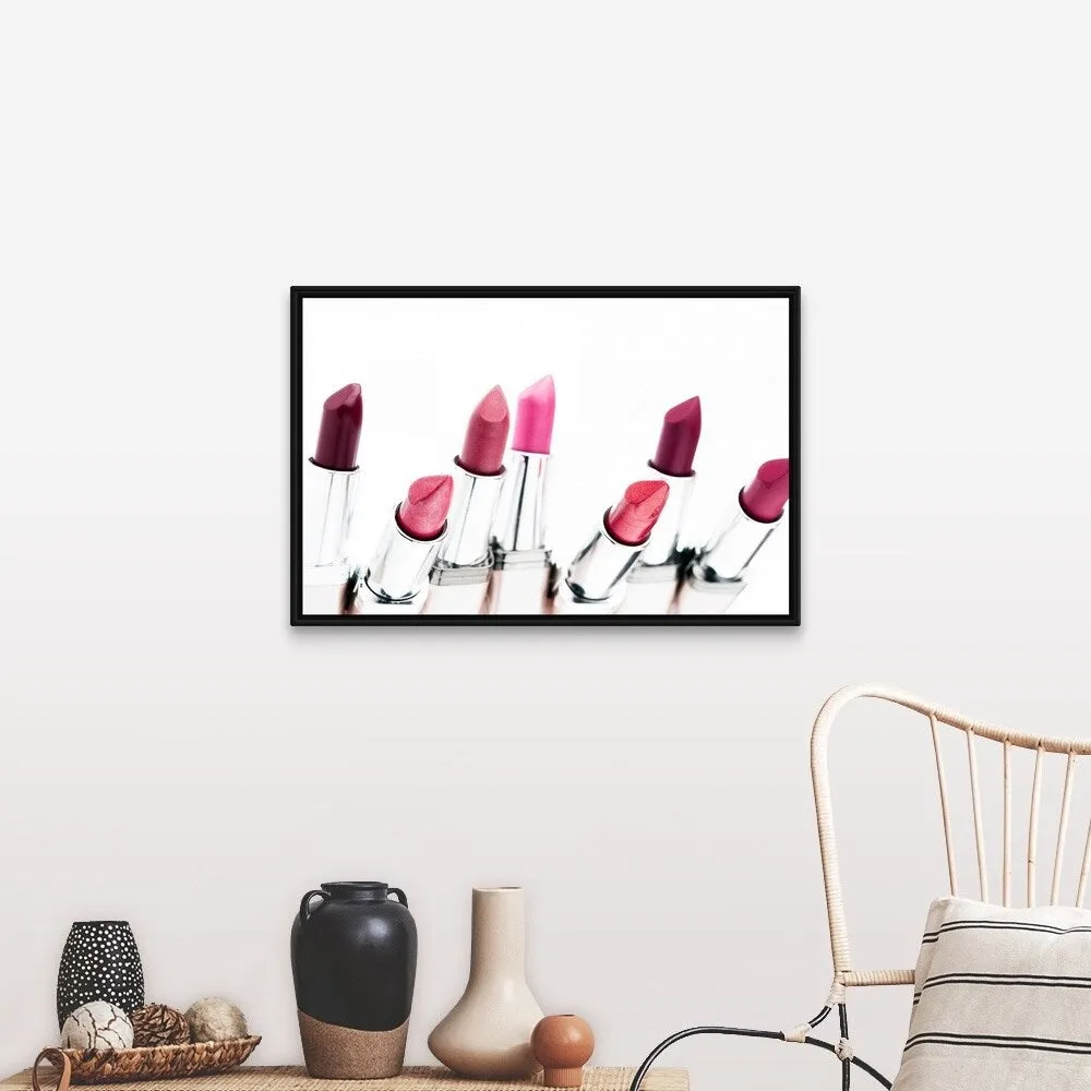 "Assortment of coloured lipsticks, close-up" Black Float Frame Canvas Art