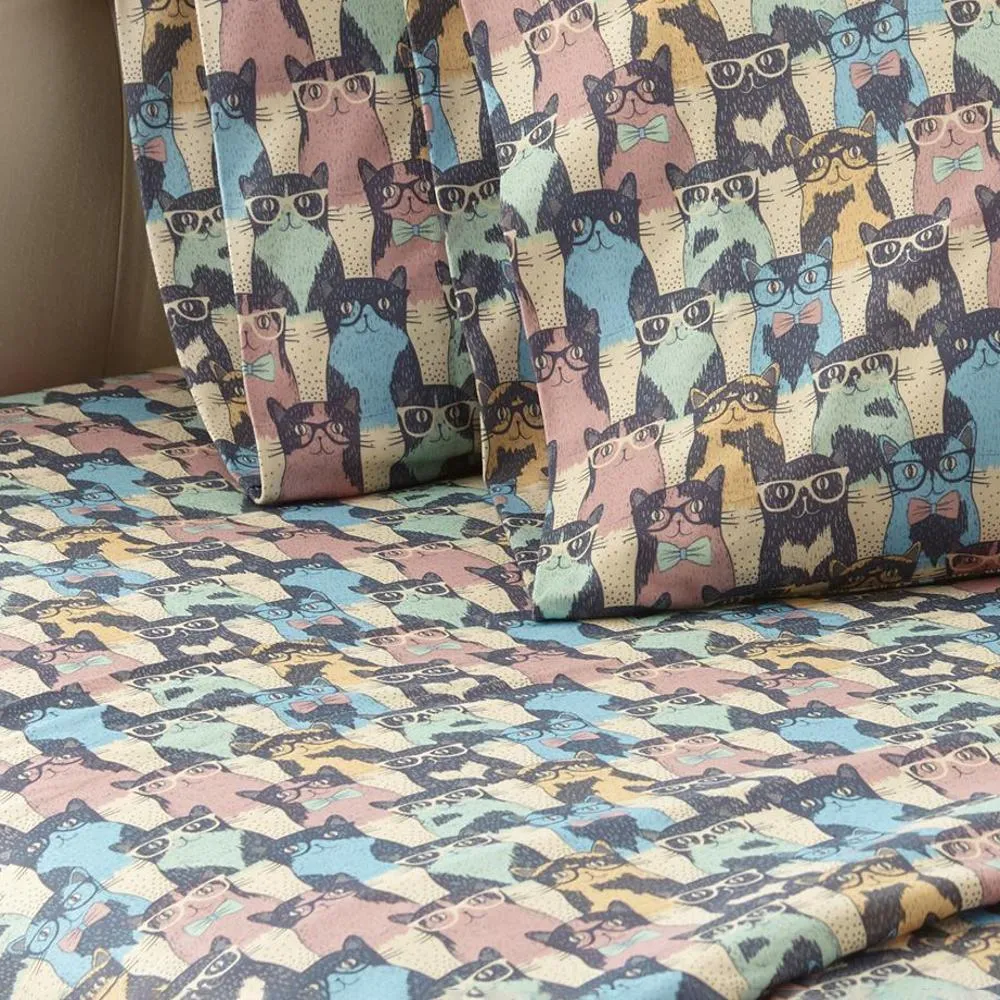 Shavel Micro Flannel Quality Printed Sheet Set - Twin Flat/Fitted Sheet 66x96/75x39x14" Pillowcase 21x32" - Kool Kats.