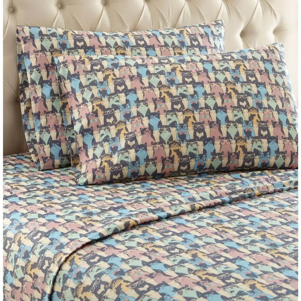 Shavel Micro Flannel Quality Printed Sheet Set - Twin Flat/Fitted Sheet 66x96/75x39x14" Pillowcase 21x32" - Kool Kats.