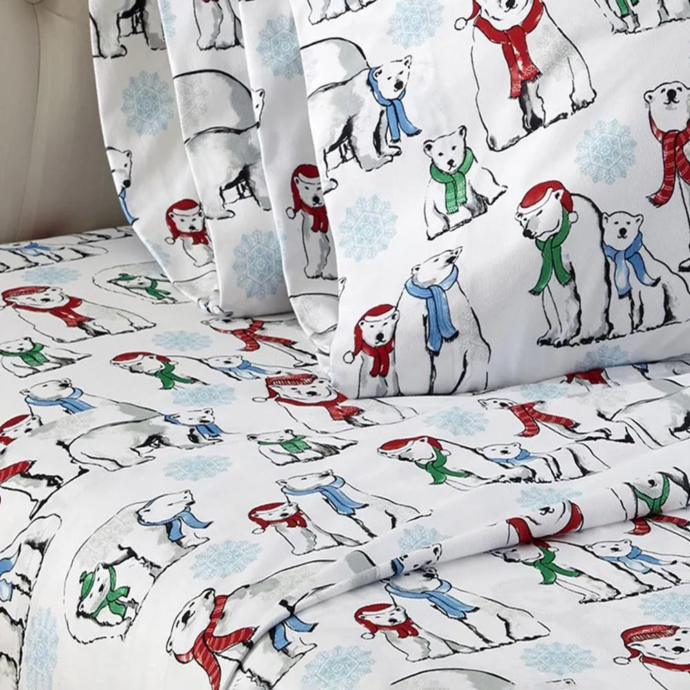 Shavel Micro Flannel Quality Printed Sheet Set - Twin Flat/Fitted Sheet 66x96/75x39x14" Pillowcase 21x32" - Polar Bears.