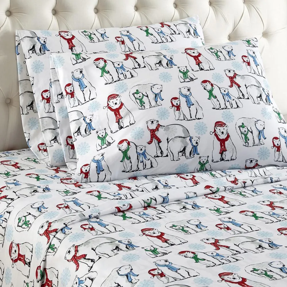 Shavel Micro Flannel Quality Printed Sheet Set - Twin Flat/Fitted Sheet 66x96/75x39x14" Pillowcase 21x32" - Polar Bears.