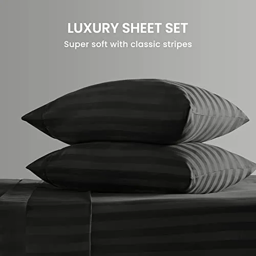 SLEEP ZONE Striped Bed Sheet Sets 120gsm Luxury Microfiber Temperature Regulation Sheets Soft Wrinkle Free Fade Resistant Easy Care (Black, Full)